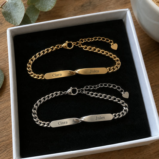 Bracelets duo Liora gravés Clara et Jules dans leur coffret